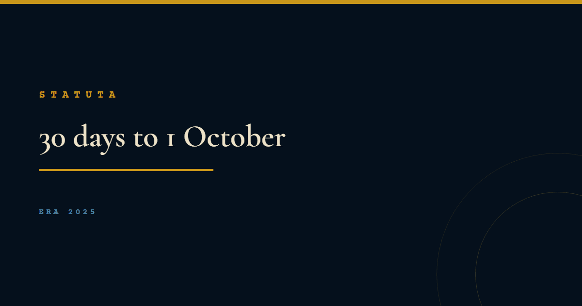 Statuta article card reading 30 days to 1 October, with a single gold rule beneath the headline