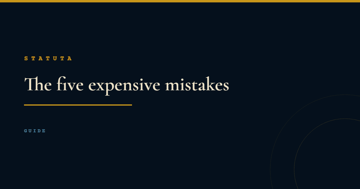Statuta article card reading The five expensive mistakes, with a single gold rule beneath the headline