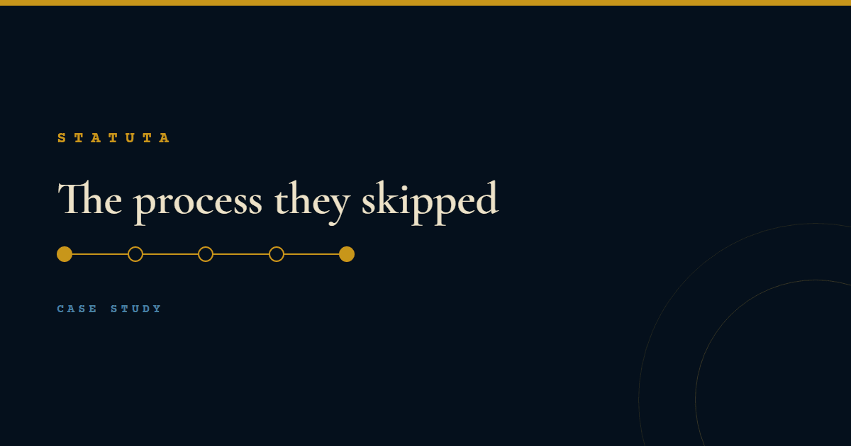Statuta article card reading The process they skipped, with five circles on a gold line, the middle three unfilled