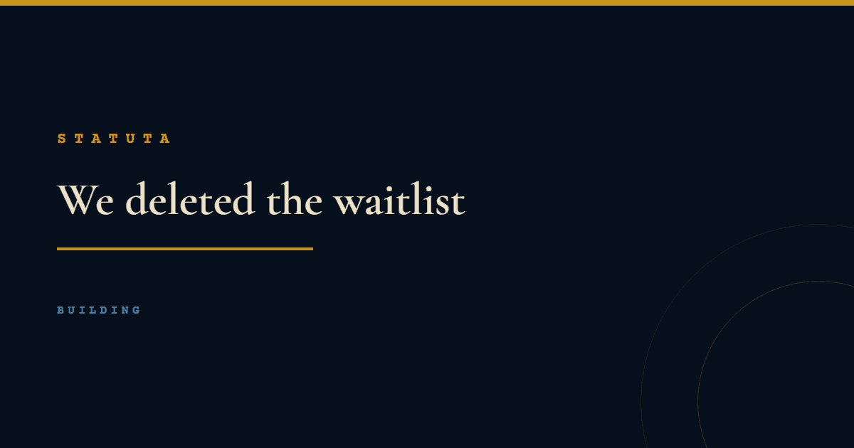 Statuta article card reading We deleted the waitlist, with a single gold rule beneath the headline